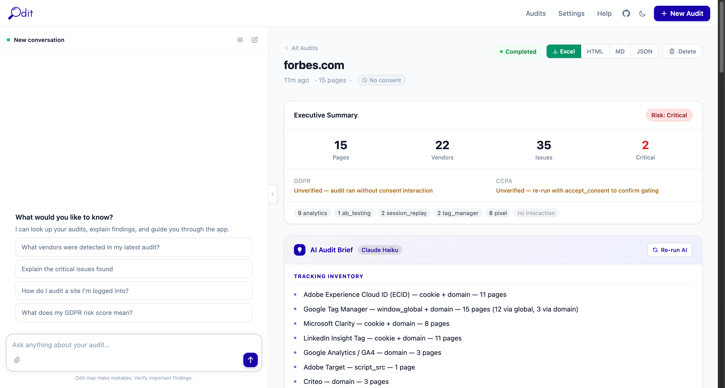 Audit detail page showing export buttons and live crawl progress