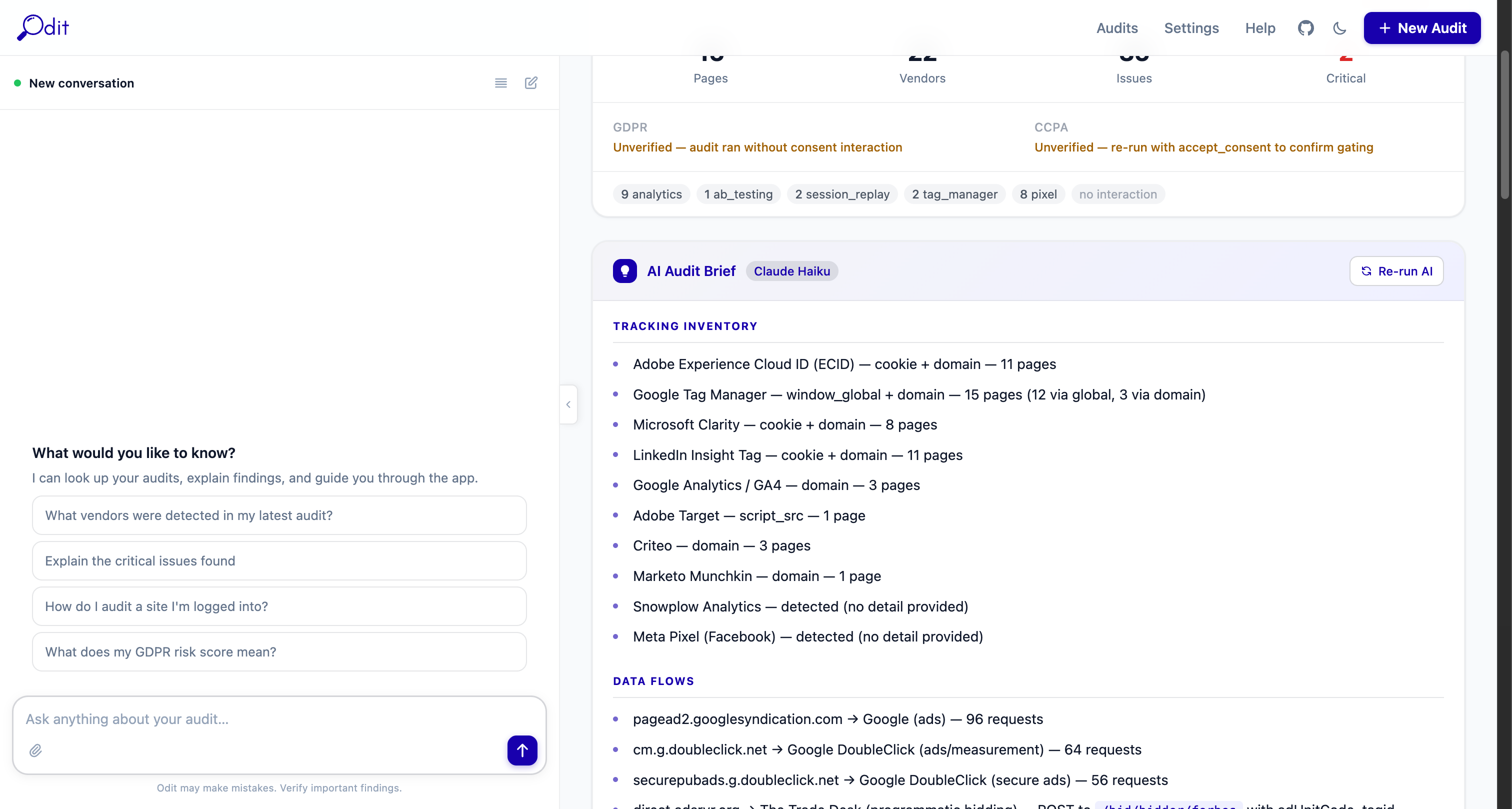 Executive summary with risk rating and GDPR posture