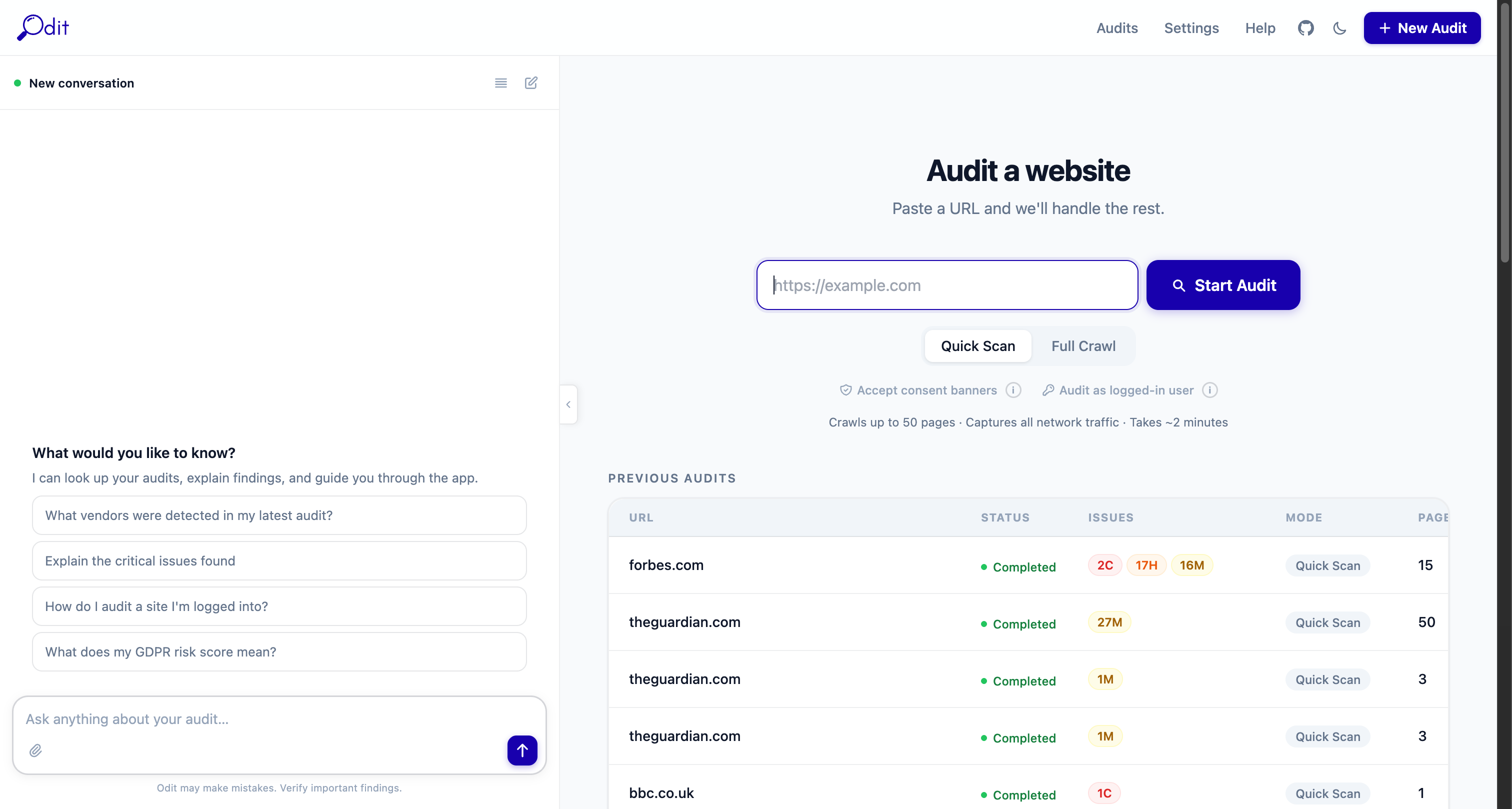 Odit home page with audit form