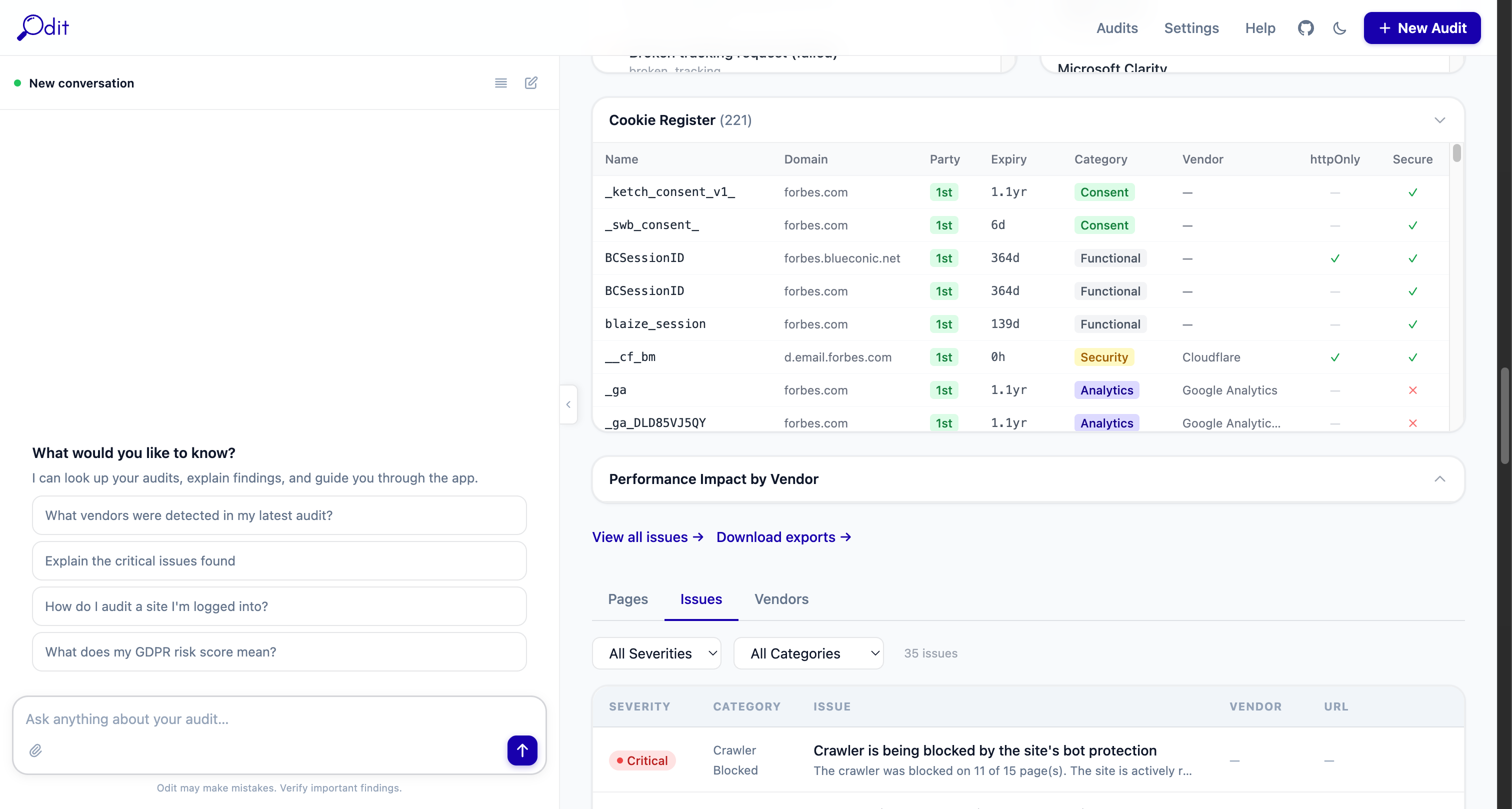 Issues tab with compliance violations